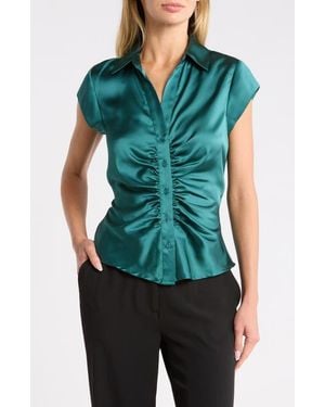 DR2 by Daniel Rainn Ruched Satin Button-Front Cap Sleeve Blouse - Green