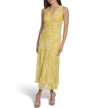 Calvin Klein Floral Sleeveless Chiffon Maxi Dress - Yellow