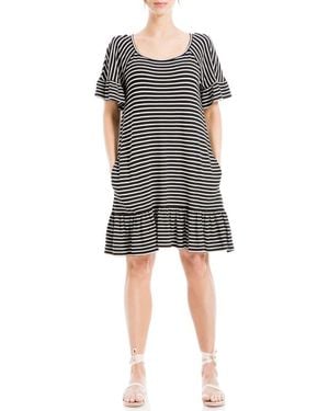 Max Studio Stripe Ruffle Short Sleeve Shift Dress - Black