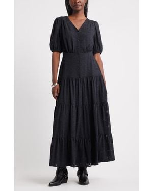 Treasure & Bond Puff Sleeve Tiered Jacquard Maxi Dress - Black