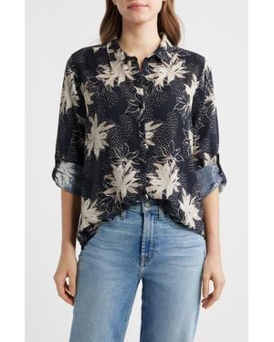Apny Print Roll Tab Sleeve Chiffon Button-Up Shirt - Black