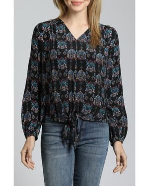 Apny Print Tie Front Top - Black
