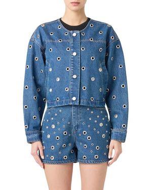 Blank NYC Grommet Collarless Crop Denim Jacket - Blue