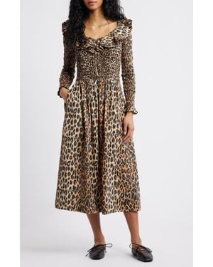 Damson Madder Harper Smocked Long Sleeve Midi Dress - Brown