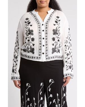 Forgotten Grace Floral Embroidered Long Sleeve Button-Up Top - Gray