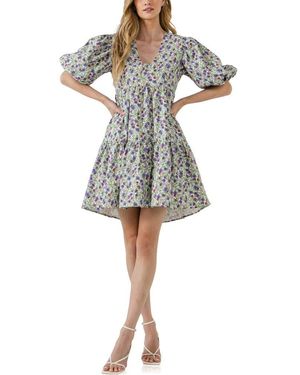 Endless Rose Floral Jacquard Puff Sleeve Dress - Gray