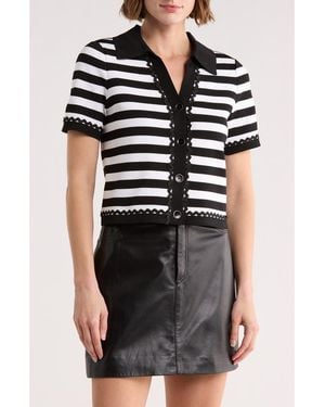 Ellen Tracy Stripe Lace Trim Short Sleeve Cardigan - Black