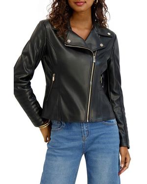 Kensie Peplum Back Faux Lether Moto Jacket - Black