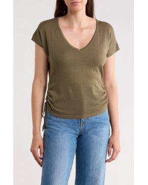 Max Studio Side Ruched Short Sleeve V-Neck Sweater - Green
