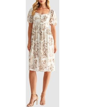 Lush Puff Sleeve Lace Trim Midi Dress - Natural