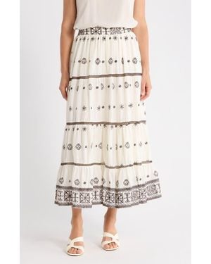 Tahari Embroidered Tiered Cotton Skirt - Natural