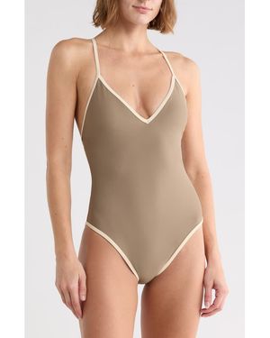 Vince Contrast V-Neck One-Piece Swimsuit - Green