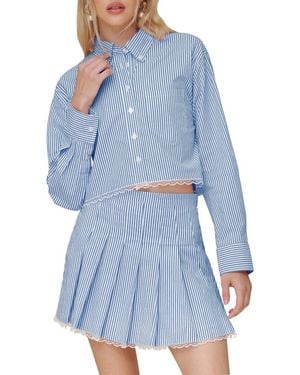 Avec Les Filles Lace Trim Crop Button-Down Shirt - Blue