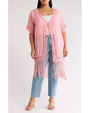 Forgotten Grace Crochet Trim Fringe Hem Duster - Pink