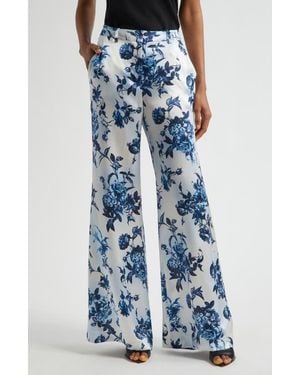 L'Agence Pilar Rose Print Wide Leg Silk Pants - Blue