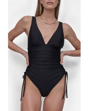 DKNY Plunge Neck Side Ruched One-Piece Swimsuit - Black
