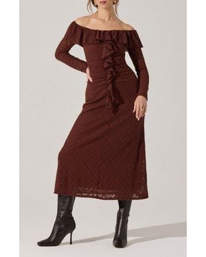 Astr Dorian Lace Long Sleeve Off The Shoulder Maxi Dress - Red