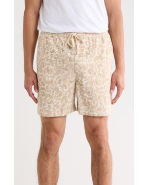 Denim and Flower Paisley Print Cotton Drawstring Shorts - Natural