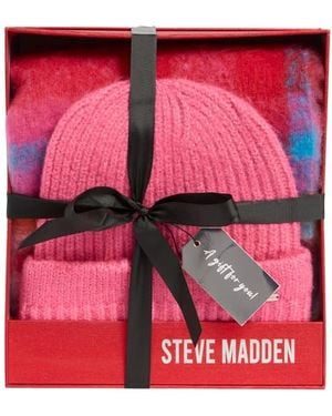 Steve Madden Plaid Scarf & Ribbed Beanie Gift Set - Red