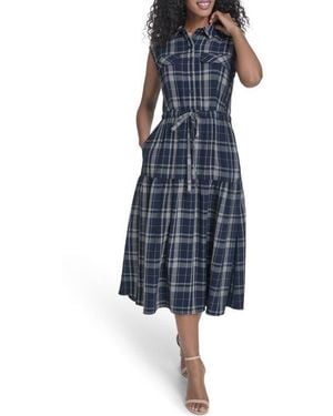 Calvin Klein Plaid Sleeveless Tiered Midi Dress - Blue