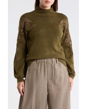 Democracy Paisley Beaded Mock Neck Sweater - Green
