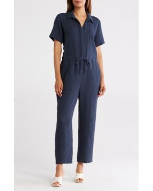 Eileen Fisher Collar Short Sleeve Organic Cotton Gauze Jumpsuit - Blue