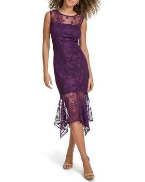 Kensie Embroidered Mesh Sleeveless Dress - Purple