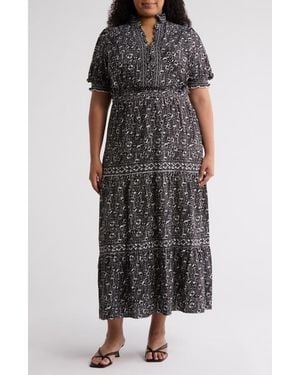 Max Studio Short Sleeve Tiered Maxi Dress - Gray