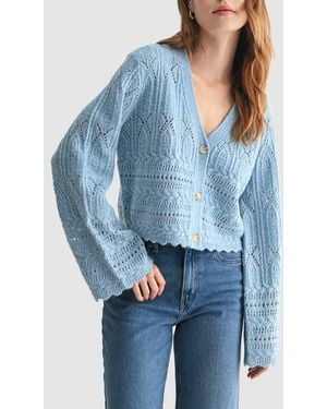 Lush Scalloped Pointelle Cardigan - Blue