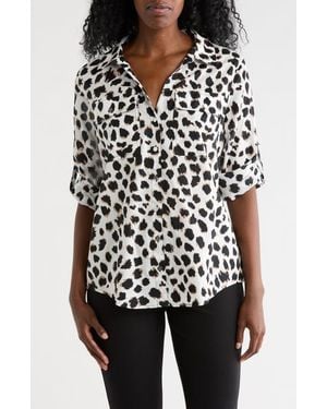 DKNY Abstract Print Roll Sleeve Button-Up Shirt - White