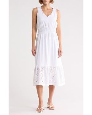 Splendid Embroidered Eyelet Sleeveless Cotton Blend Midi Dress - White
