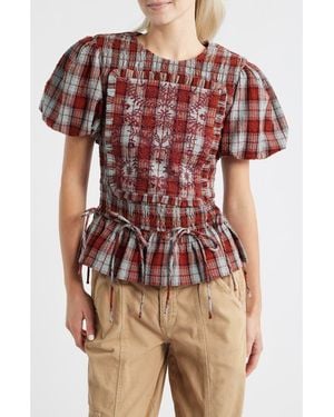 Damson Madder Audrey Plaid Smocked Puff Sleeve Organic Cotton Top - Multicolor