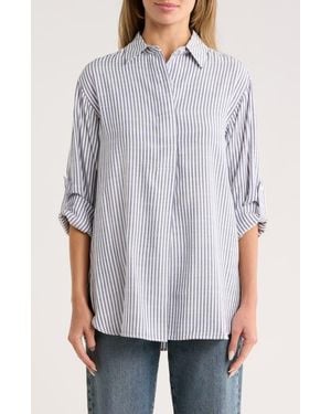 Max Studio Stripe Oversize Long Sleeve Button-Up Tunic - Gray