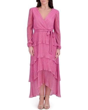 Kensie Shimmer Knit Long Sleeve Tiered Ruffle Dress - Pink