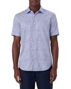 Bugatchi Floral Pincheck Short Sleeve Stretch Cotton Shirt - Blue