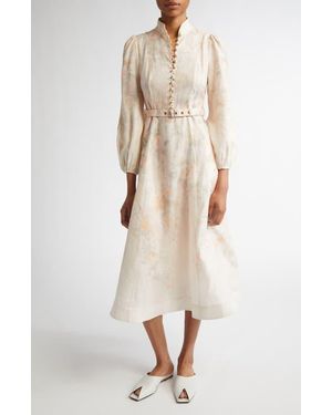 Zimmermann Floral Print Belted Linen Midi Dress - Natural