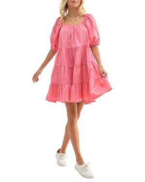 Wishlist Plaid Puff Sleeve Cotton Blend Tiered Minidress - Pink