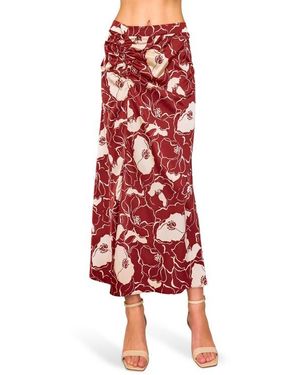 MELLODAY Floral Satin Ruched Midi Skirt - Red
