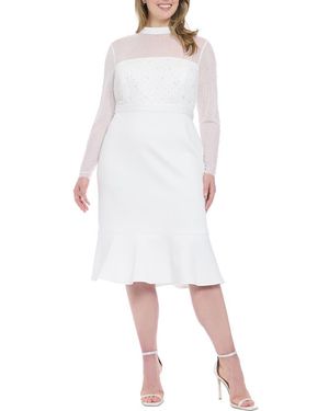 London Times Long Sleeve Faux Pearl Illusion Midi Dress - White
