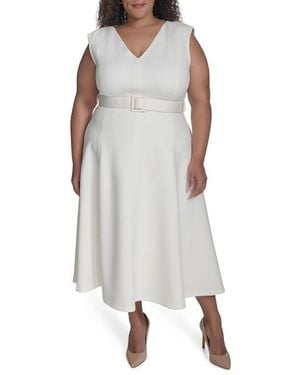 Calvin Klein V-Neck Belted Midi Dress - Natural