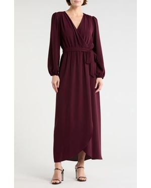 Connected Apparel Faux Wrap Long Sleeve Maxi Dress - Red