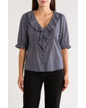 TROVE NEW YORK Ruffled V-Neck Button Top - Gray