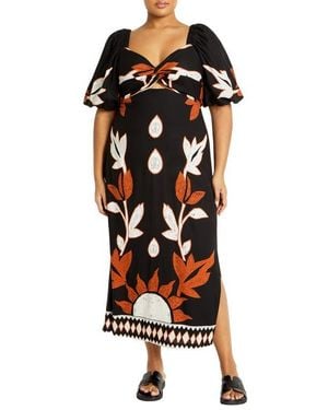 City Chic Botantical Print Twist Cutout Puff Sleeve Dress - Black