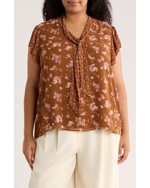 DR2 by Daniel Rainn Floral Tie Neck Cap Sleeve Top - Brown
