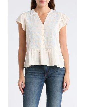 Lucky Brand Embroidered Flutter Sleeve Cotton Top - Natural