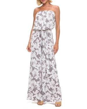 O.L. Printed Strapless Wide Leg Jumpsuit - White