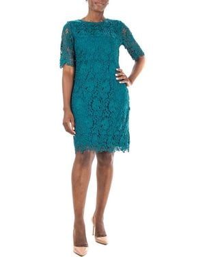 Nina Leonard Jewel Neck Lace Dress - Blue