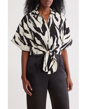 Pleione Front Tie Textured Popover Top - Black