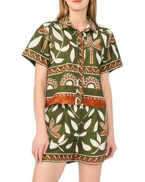 Halogen® Floral Print Short Sleeve Cotton Button-Up Shirt - Green