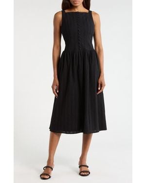Wayf Embroidered Eyelet Button Front Cotton Midi Dress - Black